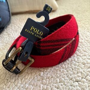 Christmas Polo Ralph Lauren Red Buffalo Plaid Wool Leather Belt Size 38 NWT